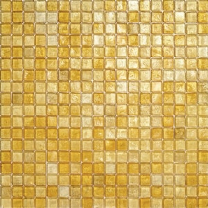 May include: A close-up of a gold mosaic tile sheet. The tiles are small and square, and they are arranged in a grid pattern. The tiles have a slightly iridescent sheen.