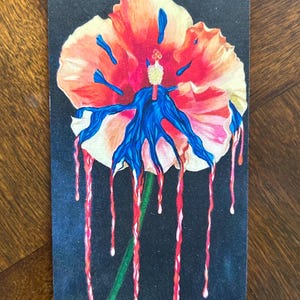 Fließende Blumen Aufkleber Originalkunst Hibiskus Aufkleber Orange, Rot und Blau tropfender Trippy Kunst Aufkleber, Collage, Papier, Laptop Aufkleber