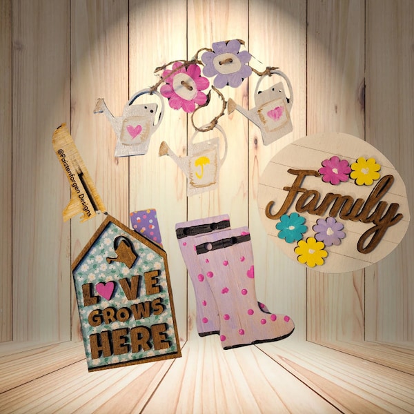 Family tier tray kit, shelf leaner, laser cut wood kit, family decor, shiplap,watering can,floral, rain boots, stand, banner display