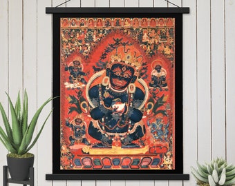 Mahakala Tibetan Art Wall Hanging, Buddhist Thangka Painting Deity Poster with hangers, Spiritual Graphic Wall Art, Zen Yoga Mindfulness