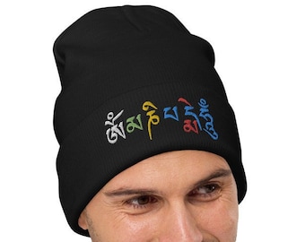 Om Mani Padme Hum, Embroidered Beanie, Tibetan Mantra Hat, Sacred Symbol, Buddhist Gift, Mindfulness Zen Hat