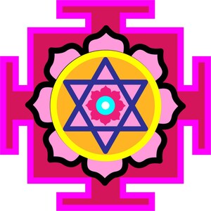 May include: A pink and yellow mandala with a blue six-pointed star in the center. The mandala is surrounded by a pink and white flower design. The mandala is set against a red background.