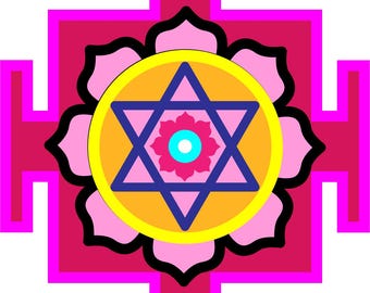 May include: A pink and yellow mandala with a blue six-pointed star in the center. The mandala is surrounded by a pink and white flower design. The mandala is set against a red background.