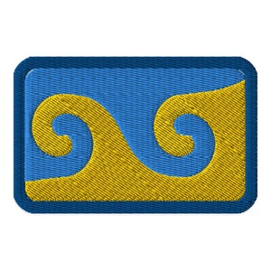 May include: A blue and yellow embroidered patch with a stylised wave design. The patch has a dark blue border.