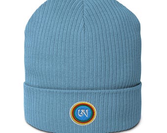 Tibetan Awareness Symbol Organic Beanie - Rainbow Embroidered Ribbed Cotton Knit Hat