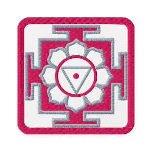 May include: A white square with a red border, containing a grey mandala with a red dot in the centre. The mandala is surrounded by a grey square with a red border.