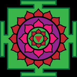May include: A green square with a red and pink flower design inside. The flower has a purple center with a red triangle.