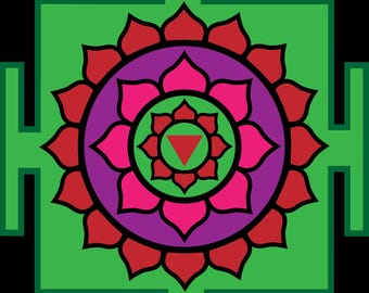 May include: A green square with a red and pink flower design inside. The flower has a purple center with a red triangle.