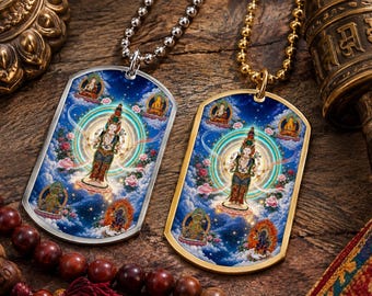 Chenrezig with Buddhas Dog Tag with Chain, Tibetan Thangka Art Jewelry
