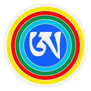 May include: A white symbol on a blue circle surrounded by concentric rings of yellow, red, green, and turquoise. The symbol is the Tibetan character "Om" which is a sacred mantra in Buddhism.