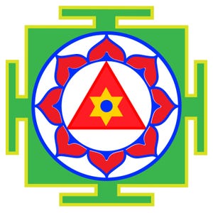 May include: A green square with a yellow border, containing a blue circle with a red triangle inside. The triangle has a yellow six-pointed star with a blue center.