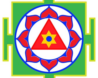 May include: A green square with a yellow border, containing a blue circle with a red triangle inside. The triangle has a yellow six-pointed star with a blue center.
