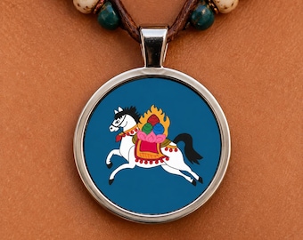 Tibetan Windhorse Pendant Keychain, Lungta Buddhist Symbol, Three Jewels Good Fortune Charm