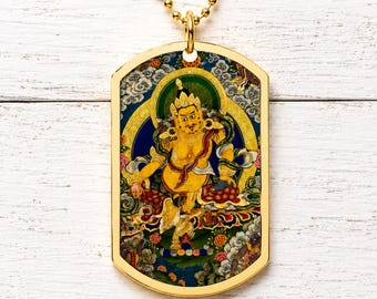 Jambhala Dog Tag Necklace, Gold Plated Stainless Steel Pendant, Tibetan Buddhist Jewelry