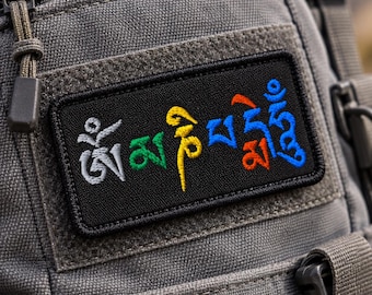 Om Mani Padme HUM, VELCRO Embroidered Tactical Patch, Buddhist Mantra Badge, Peace Saying