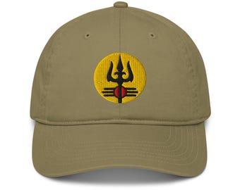Broderad Shiva Trident mössa i ekologisk bomull, hinduisk symbolik