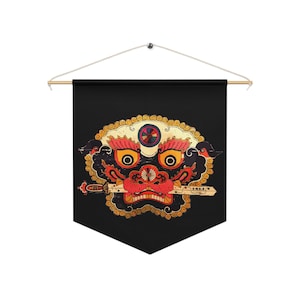Tibetan Snow Lion Pennant with Sword, Buddhist Wall Hanging with Wooden Dowel, Fearless Wisdom Dharma Banner, Symbolic Symbolism, Spiritual