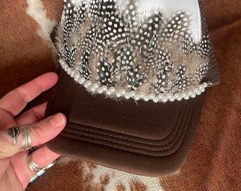 Brown/White Pearl Feathered hat