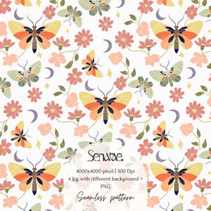 May include: Seamless pattern featuring butterflies, flowers, moons, and stars in a repeating design. The butterflies have yellow, orange, and black wings. The flowers are pink, and the moons are purple. The text "Senarme" and "Seamless pattern" are included.