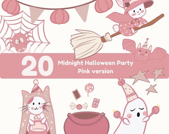 Pink Halloween Clipart PNG Set Cute Ghost Witch Bunny Pink Pumpkin Bat Cute Kids Party Scrapbook Spooky Sticker Printable Digital Download