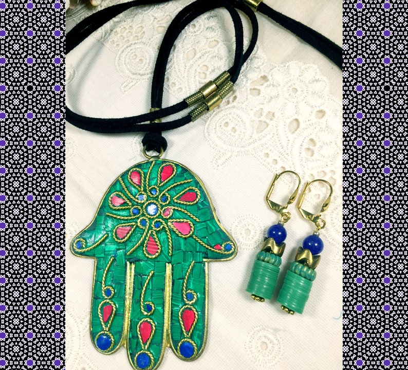 Lapis Stone Coral Striking Inlaid Nepalese Hamsa Pendant /& Earring Set!! Malachite Brass~