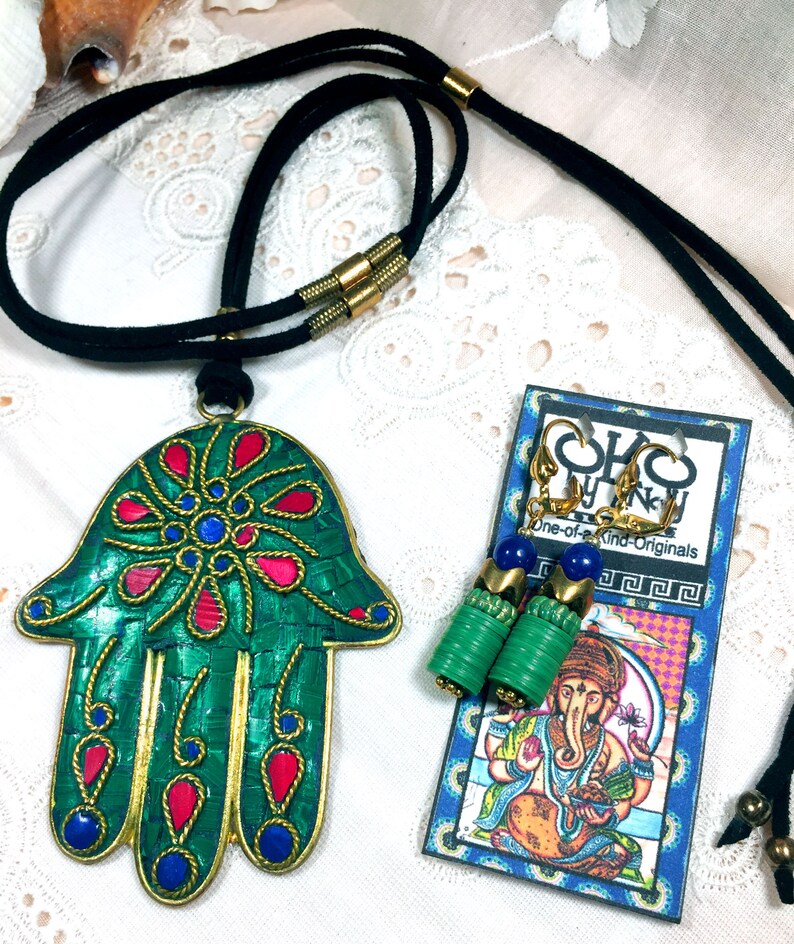 Lapis Stone Coral Striking Inlaid Nepalese Hamsa Pendant /& Earring Set!! Malachite Brass~