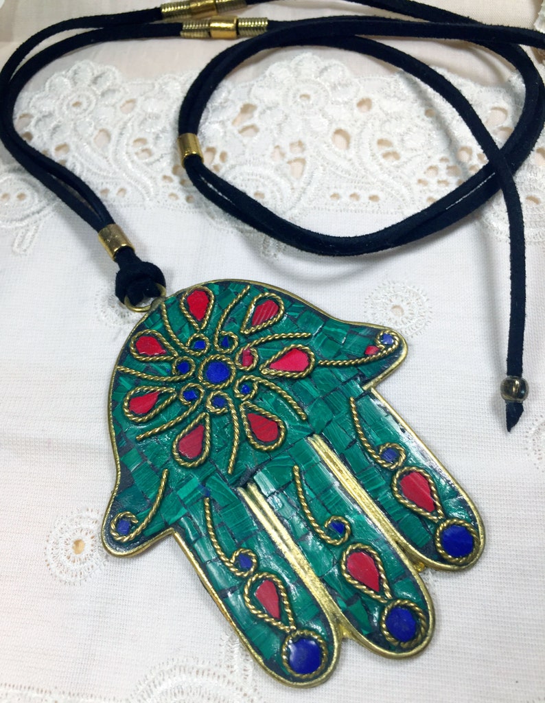 Lapis Stone Coral Striking Inlaid Nepalese Hamsa Pendant /& Earring Set!! Malachite Brass~