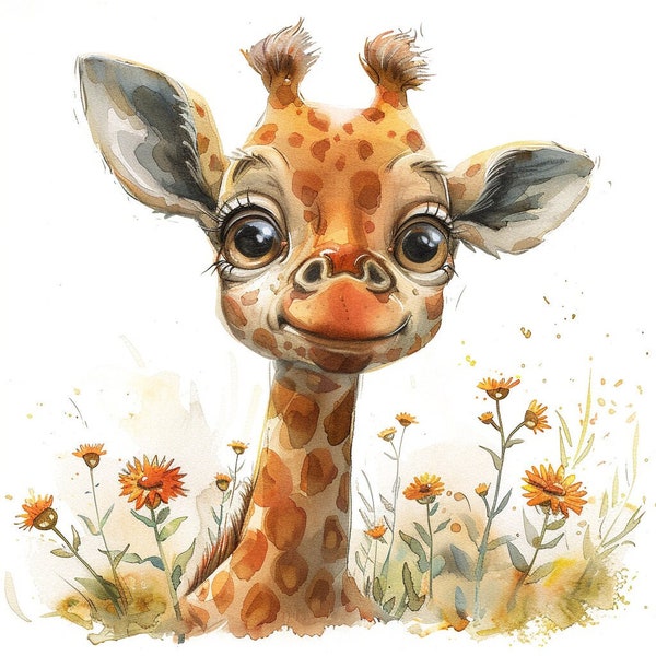 12 PNG Cartoon Giraffe Clipart, Baby Giraffe, Printable Watercolor clipart, transparent PNG, Digital download, Paper craft giraffe,