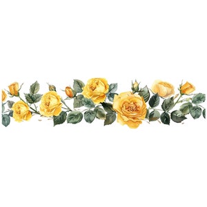 May include: A watercolor painting of a border of yellow roses with green leaves and stems.