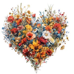 12 PNG clipart de coração de flores silvestres, imagem de flor em forma de coração, aquarela imprimível, PNG de alta qualidade, download digital, coração para artesanato