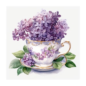15 PNG lila en una taza Clipart, lila en una taza png, Clipart lila acuarela imprimible, PNG transparente, Lila artesanal de papel en una taza png
