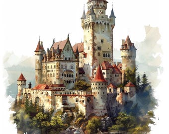 Watercolor Medieval Castle Clipart: Knight&#39;s Castle Images (Digital)