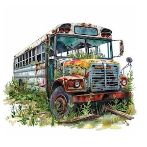 15 Cliparts de autobuses abandonados, JPG, autobús jpg de alta calidad en el bosque, estilo cartón, autobús rural con acuarela imprimible, manualidades de papel