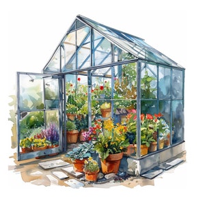 12 JPG Garden Glass Greenhouse Clipart, estufa jpg, aquarela clipart, JPG de alta qualidade, imagem artesanal de papel de uma estufa, flores