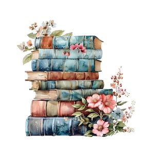 May include: A stack of vintage hardcover books with blue and brown spines, decorated with watercolor flowers in shades of pink, white, and green.