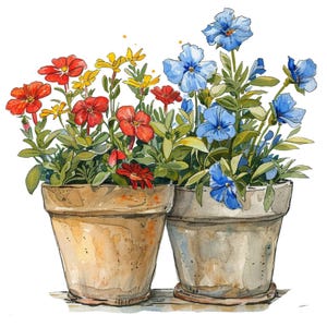 Könnte beinhalten: Zwei Terrakotta-Töpfe gefüllt mit bunten Blumen. Der linke Topf hat rote, gelbe und orangefarbene Blumen. Der rechte Topf hat blaue Blumen.