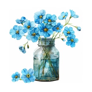 12 JPG Forget me nots fleurs dans un vase Clipart, Forget me nots fleur png, clipart aquarelle, PNG transparent, fleurs en papier d'artisanat