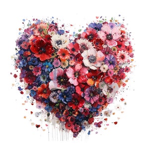 14 PNG clipart de corações florais, imagem de flor em forma de coração, aquarela para impressão, PNG de alta qualidade, download digital, coração para artesanato