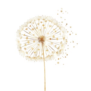 Puede incluir: Un diente de león dorado con semillas que se dispersan en el viento. El diente de león es un diseño delicado e intrincado, con un brillo dorado.