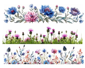 Thistle and Wildflower Border Clipart: Watercolor PNG (Digital Download)