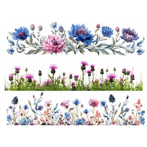 16 PNG Clipart bordo cardo e fiori di campo, fiore bordo cardo png, clipart acquerello stampabile, PNG trasparente, fiori artigianali di carta