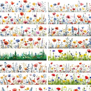 46 fleurs sauvages, mélange étonnant, clipart bordure, 10000 x 2500, clipart aquarelle, fichiers JPG de haute qualité, téléchargement numérique, créations en papier, journal indésirable