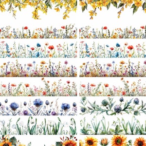 May include: A set of 12 watercolor floral borders featuring various flowers, including yellow daffodils, blue cornflowers, red poppies, white snowdrops, and yellow sunflowers. The borders are perfect for adding a touch of nature to your designs.