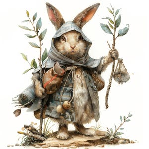 17 Clipart coniglietto, Clipart coniglio, custode della foresta di lepre, acquerello stampabile, JPG di alta qualità, download digitale, artigianato con la carta, diari