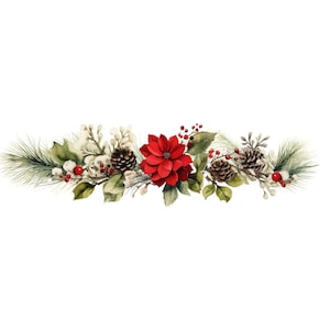 12 POINSETTIA e PIGNE BORDO, immagine digitale di ramo di Natale png, clipart di bordo di Natale watercolor, illustrazione di ramo di poinsettia
