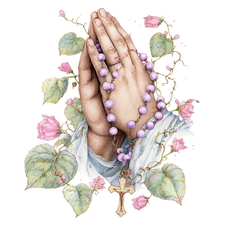 Praying Hands Rosary Clipart: Watercolor Christian Designs (PNG JPG ...