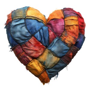 May include: A heart-shaped patchwork pillow made from colorful fabric scraps. The pillow is made of various shades of blue, red, orange, and yellow fabric.