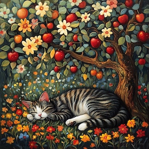 12 CLIPARTS DE CHAT DORMANT sous le sapin, image de chat dormant sous le pommier, image numérique de chat endormi, chat aquarelle sous le sapin