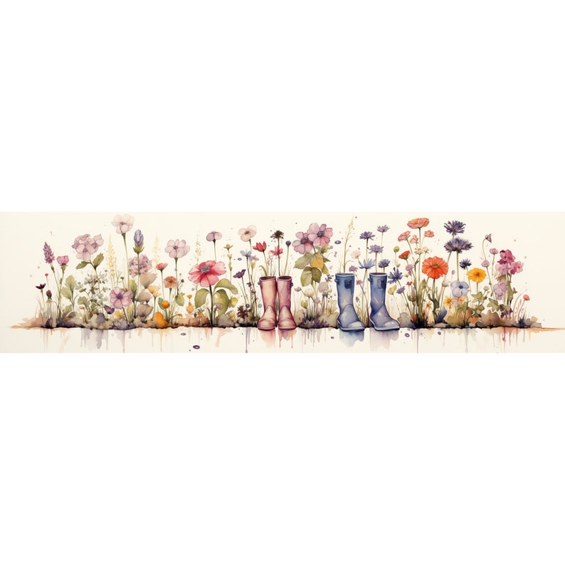 Floral Rain Boots Border Watercolor Clipart, Rain Boots Illustration, High-Resolution JPG, Watercolor Art Digital Download, Wall Art boot