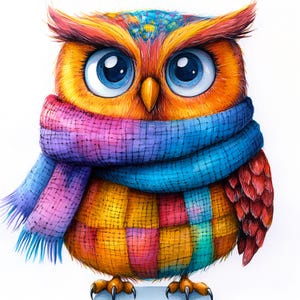 May include: A colorful cartoon owl wearing a blue and purple scarf. The owl has large, round eyes and a patchwork pattern on its body.